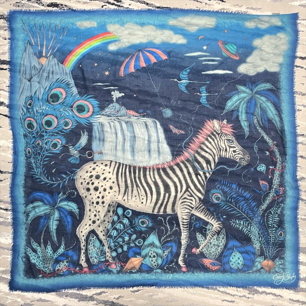 EMMA J. SHIPLEY "The Lost World" Zebra Fantasy Magic Blue Wool Square Scarf 50"